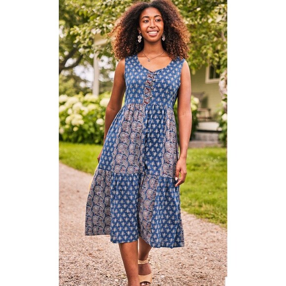 April Cornell Dresses & Skirts - April Cornell Handblock Dress Navy Floral Patchwork Midi Pockets Medium Cottage